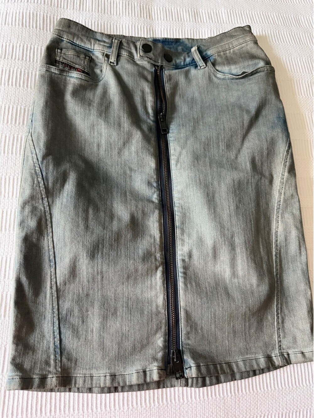 Diesel Denim Dual Zip Pencil Mini Skirt Size 26 Acid Stone Washed Blue Gray